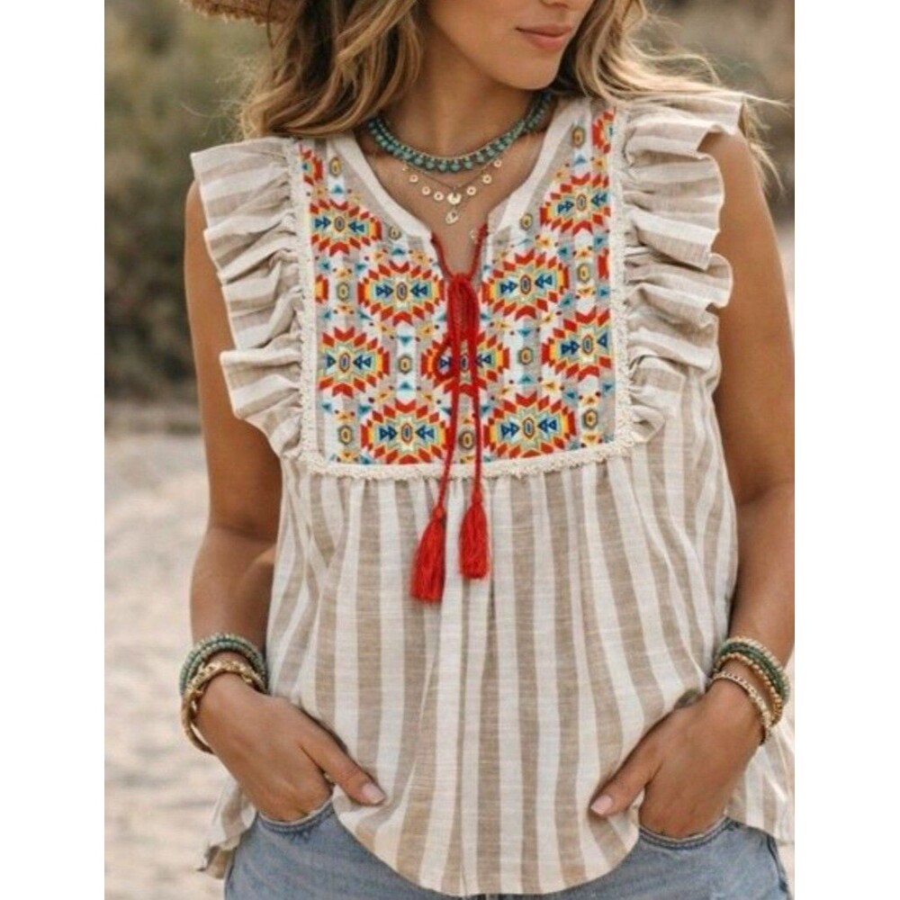 Savanna Jane Bohemian Striped Blouse Size Small Embroidered Ruffle - Picture 2 of 10